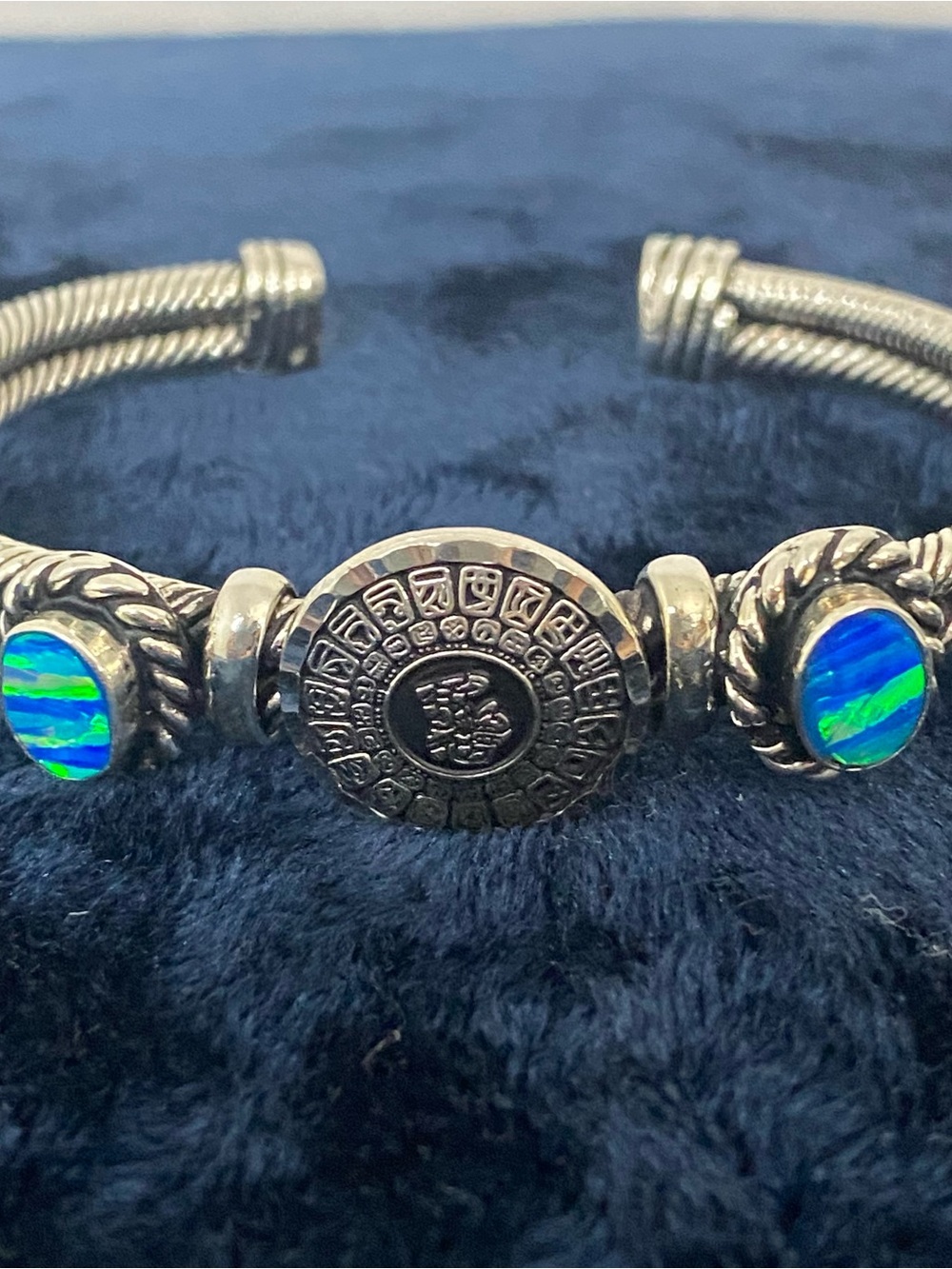 Mexican Sterling Silver Accent Cuff Bracelet with stones and Mayan calendar